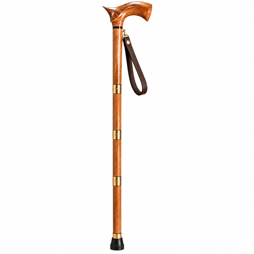 The Regent premium wooden folding walking cane with rosewood derby handle, brass collars and leather wrist strap, full length