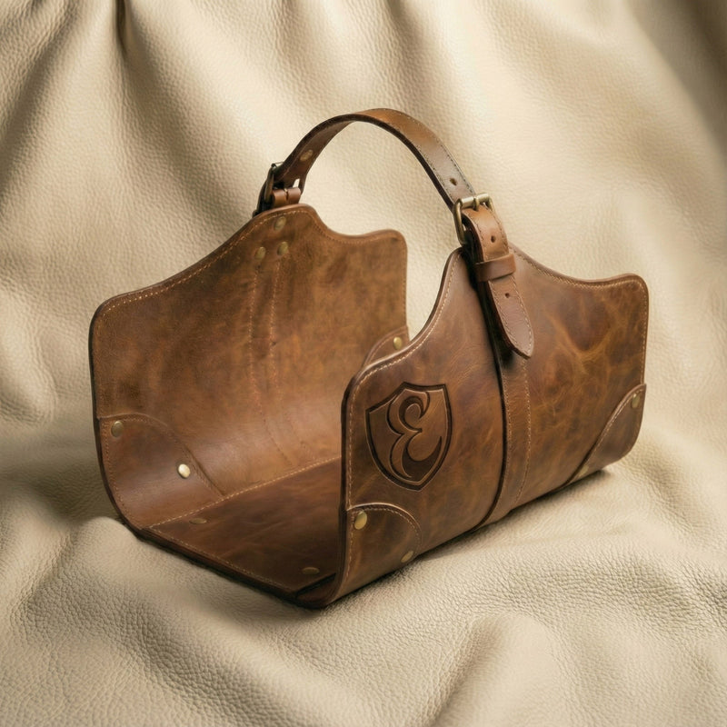 The Hearthside 1.0 heavy-duty full-grain leather log carrier in coffee brown