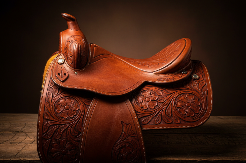 Premium full-grain leather horse saddle with stitching detail