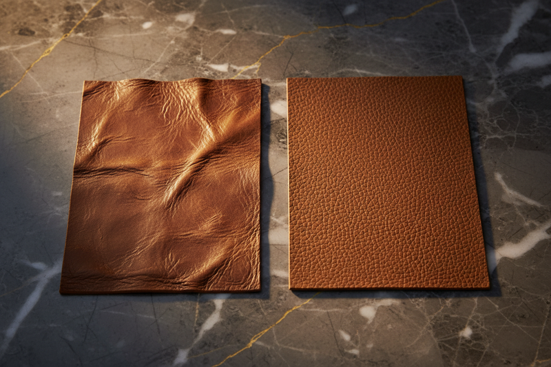 Close-up comparison of full-grain and top-grain leather swatches on dark marble, showing natural grain texture and surface finish differences