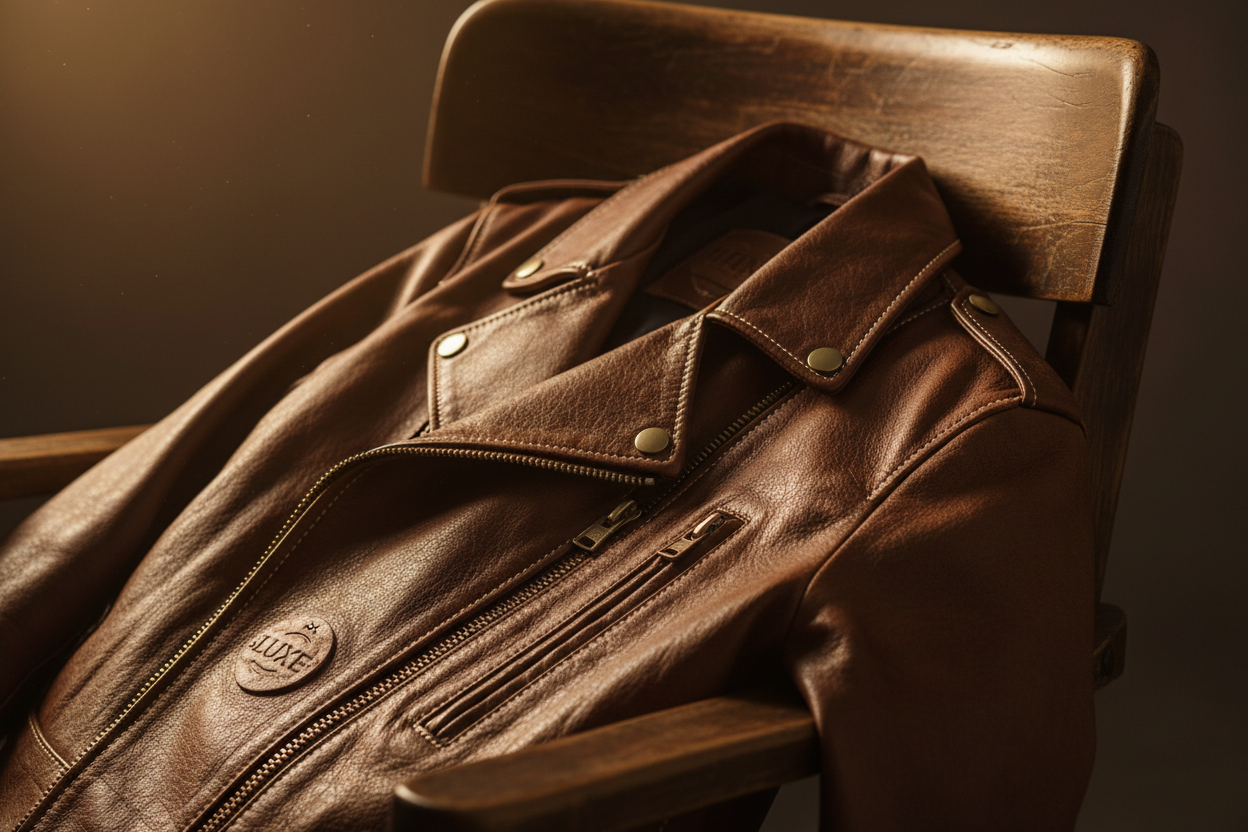 Genuine leather jacket draped over a wooden chair showcasing rich natural grain texture, fine stitching, and premium leather quality