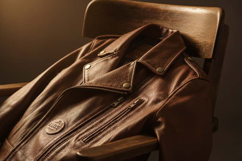 Genuine leather jacket draped over a wooden chair showcasing rich natural grain texture, fine stitching, and premium leather quality
