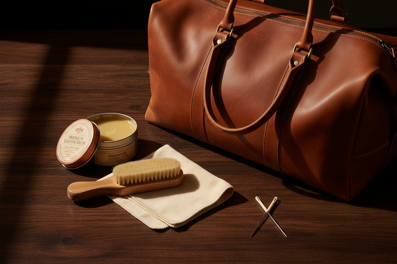 Flat lay of leather care products including beeswax conditioner, soft cloth, and brush beside a full-grain leather bag on a dark wooden surface