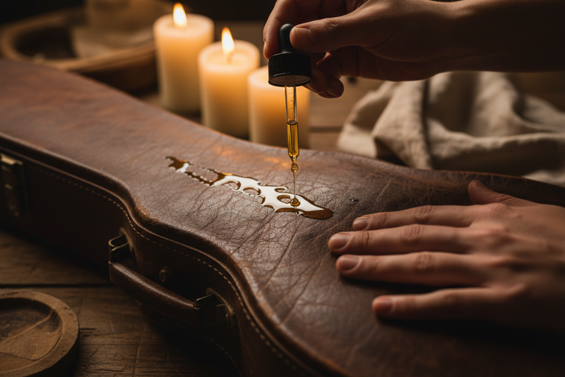 Hands applying oil to a vintage leather guitar case