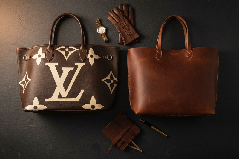 Side-by-side comparison of a designer logo tote bag and a handmade full-grain leather bag on a dark slate surface, highlighting the craftsmanship of artisan leather goods