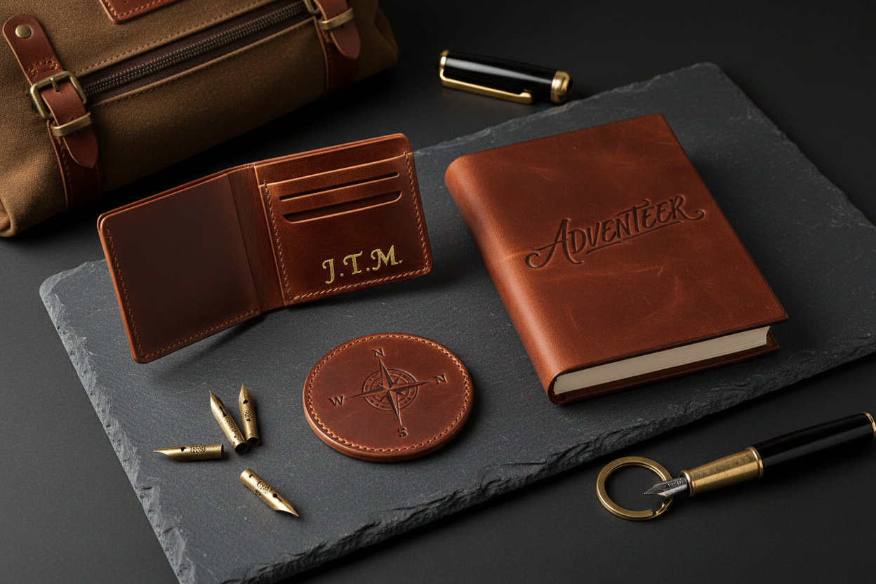 Personalised leather gifts flat lay — monogrammed wallet, journal and keychain