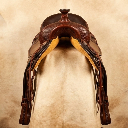 Elatheria Maverick hand tooled basketweave full grain western leather saddle silver conchos