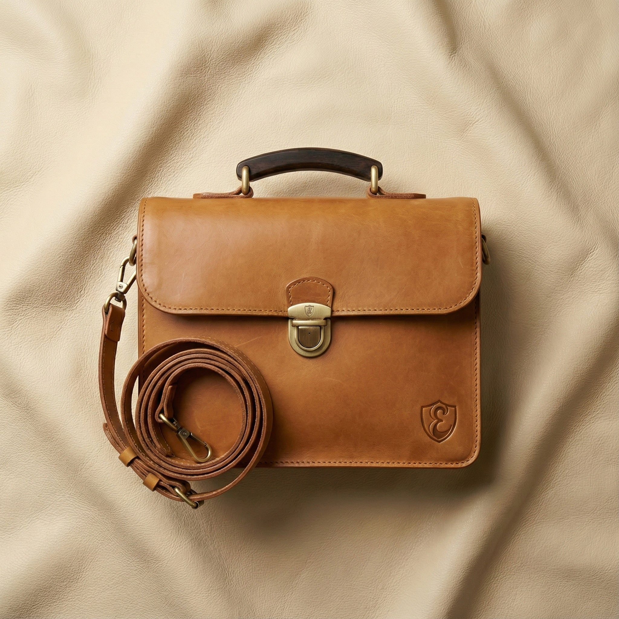 The Estate Leather Briefcase with Wooden Handle Detail