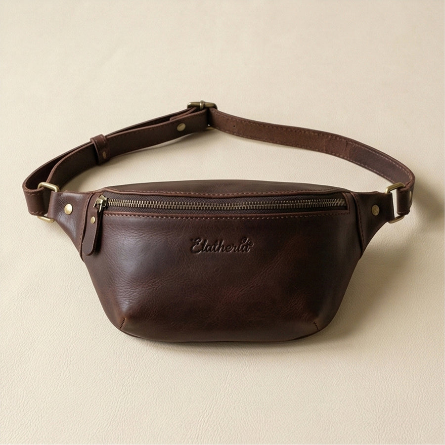Elatheria Roamer full grain leather belt bag crossbody sling with brass hardware
