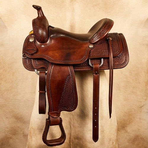 Elatheria Maverick hand tooled basketweave full grain western leather saddle silver conchos