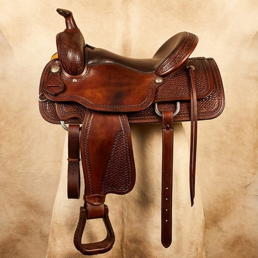 Elatheria Maverick hand tooled basketweave full grain western leather saddle silver conchos