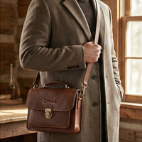 The Estate leather briefcase worn on the shoulder with a wool coat, showing its size