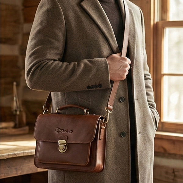 The Estate Leather Briefcase with Wooden Handle Detail