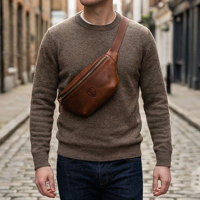The Roamer Leather Belt Bag and Sling on Model