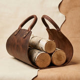Elatheria Hearthside luxury high grain leather log carrier tote with brass hardware