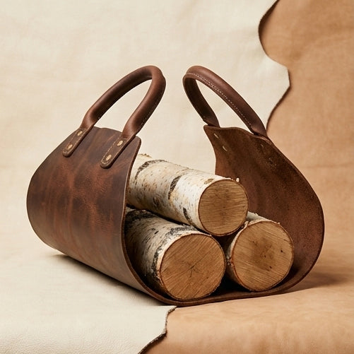 Elatheria Hearthside luxury high grain leather log carrier tote with brass hardware
