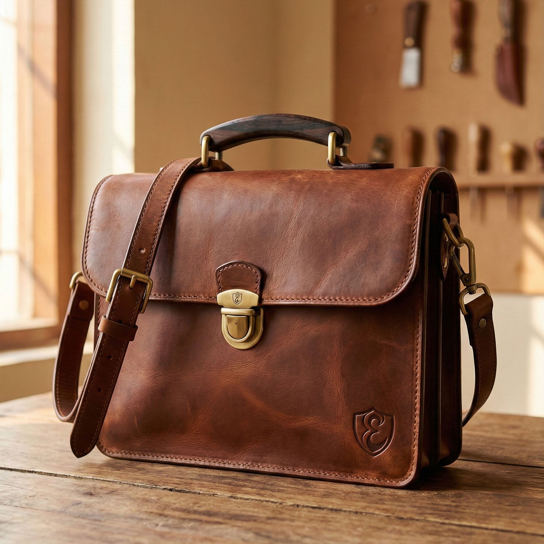 The Estate Leather Briefcase with Wooden Handle Detail