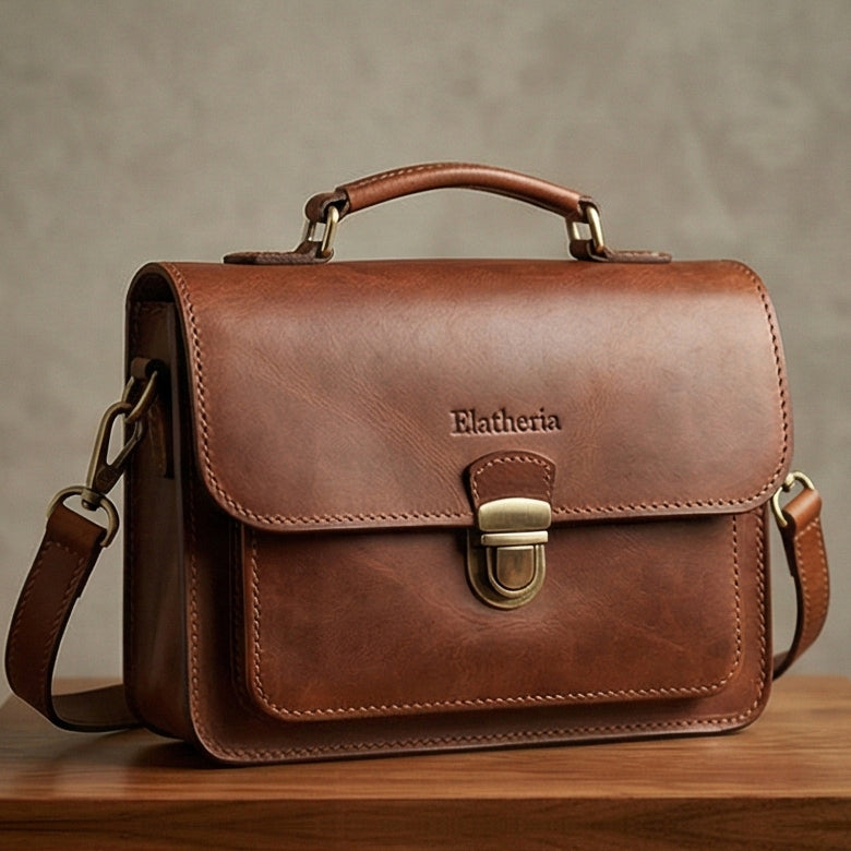 The Estate Leather Briefcase with Wooden Handle Detail