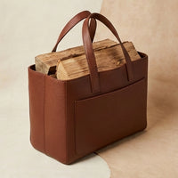 Elatheria Hearthstone pebbled full grain tan leather luxury firewood log carrier