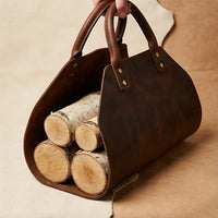 Elatheria Hearthside luxury high grain leather log carrier tote with brass hardware