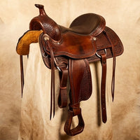 Elatheria Maverick hand tooled basketweave full grain western leather saddle silver conchos
