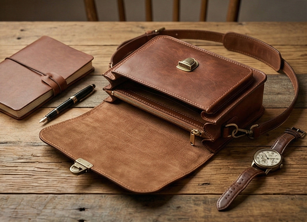 The Estate Leather Briefcase with Wooden Handle Detail