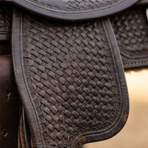 Elatheria Maverick hand tooled basketweave full grain western leather saddle silver conchos