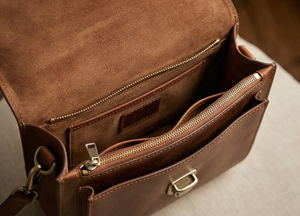 The Estate Leather Briefcase with Wooden Handle Detail
