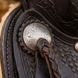 Elatheria Maverick hand tooled basketweave full grain western leather saddle silver conchos