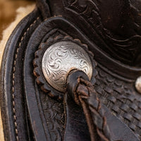 Elatheria Maverick hand tooled basketweave full grain western leather saddle silver conchos