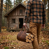 Elatheria Hearthside luxury high grain leather log carrier tote with brass hardware