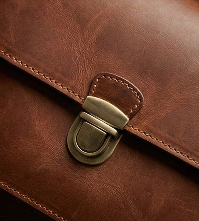 The Estate Leather Briefcase with Wooden Handle Detail