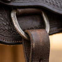 Elatheria Maverick hand tooled basketweave full grain western leather saddle silver conchos