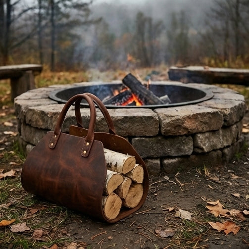 Elatheria Hearthside luxury high grain leather log carrier tote with brass hardware