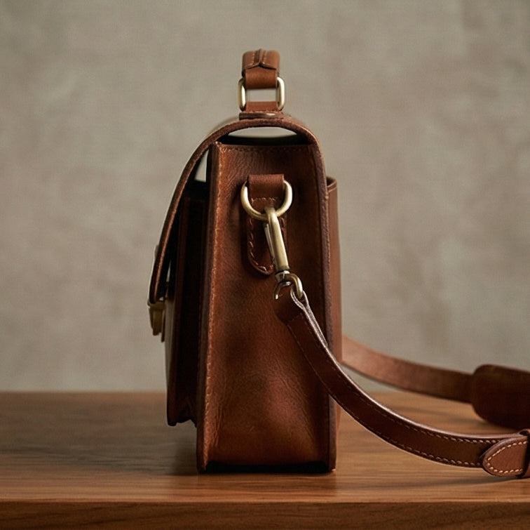 The Estate Leather Briefcase with Wooden Handle Detail