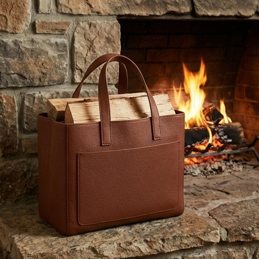 Elatheria Hearthstone pebbled full grain tan leather luxury firewood log carrier