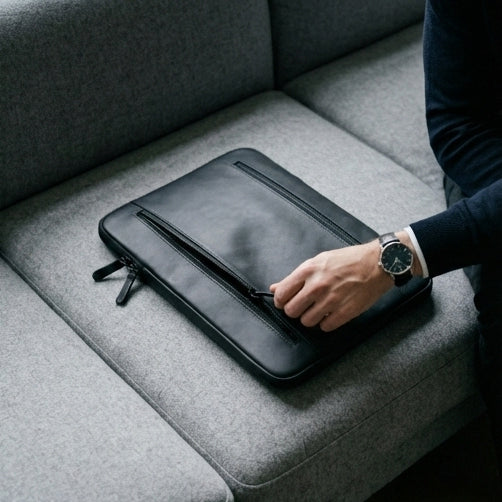 Elatheria Minimalist premium matte black leather laptop portfolio sleeve case