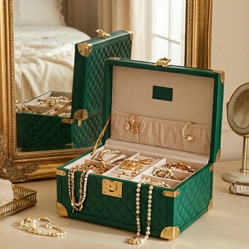 Elatheria Heirloom quilted emerald green leather jewelry trunk brushed brass hardware