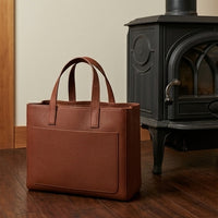 Elatheria Hearthstone pebbled full grain tan leather luxury firewood log carrier