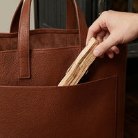 Elatheria Hearthstone pebbled full grain tan leather luxury firewood log carrier