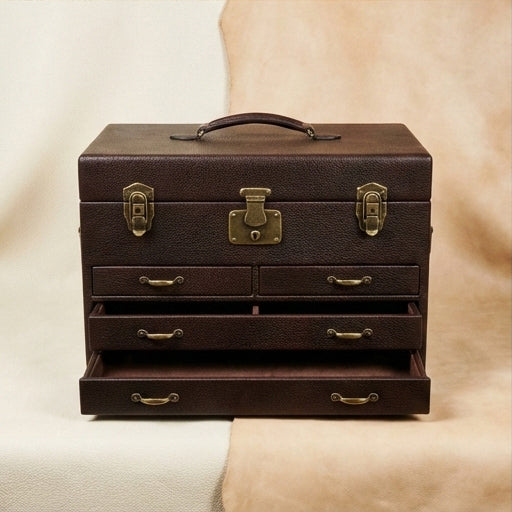 Elatheria Treasure pebbled leather antique jewelry trunk chest velvet lined multi tier