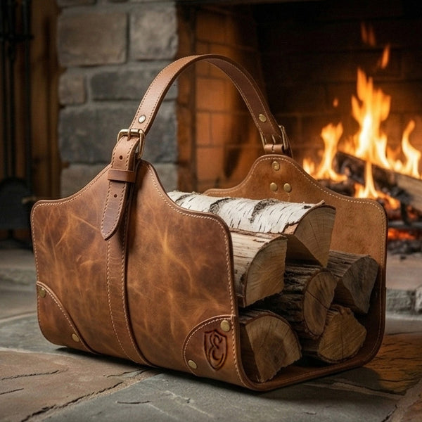 The Hearthside Leather Log Carrier with Firewood