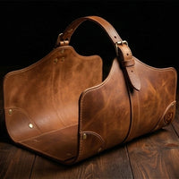 Elatheria Hearthside full grain leather firewood log carrier with brass hardware