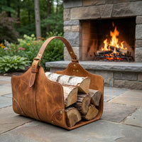 Elatheria Hearthside full grain leather firewood log carrier with brass hardware