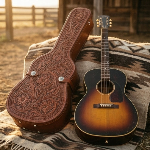 Elatheria Outlaw hand tooled western full grain leather acoustic guitar hard case