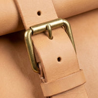 Elatheria Voyager minimalist full grain veg tanned leather roll top backpack
