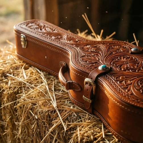 Elatheria Outlaw hand tooled western full grain leather acoustic guitar hard case