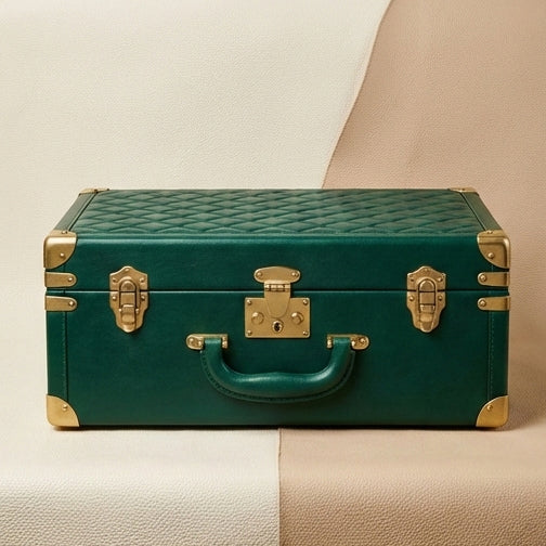 Elatheria Heirloom quilted emerald green leather jewelry trunk brushed brass hardware