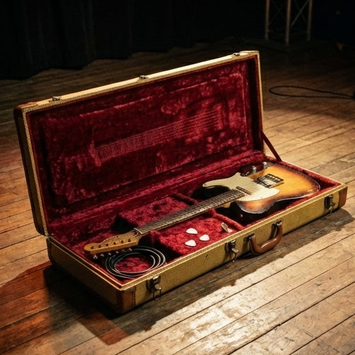 Elatheria Stagehand vintage tweed full grain leather guitar hard case crimson velvet
