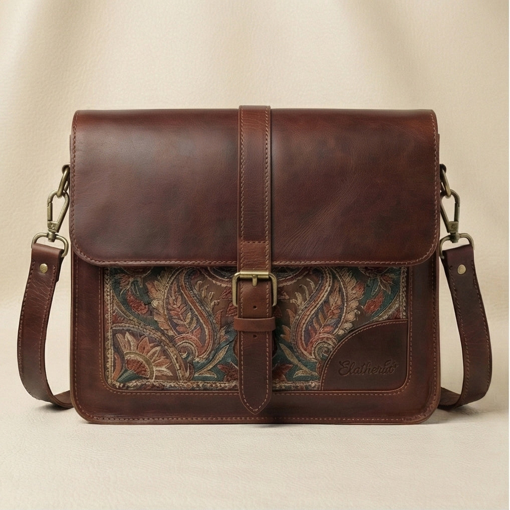 The Artisan Paisley Embroidered Leather Messenger Bag Front View